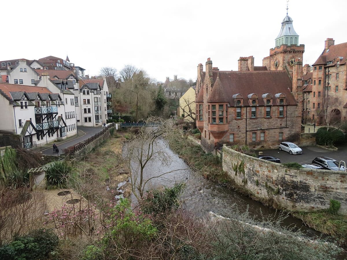 Old mill buildings beside the Water of Leith in Dean Village, Edinburgh