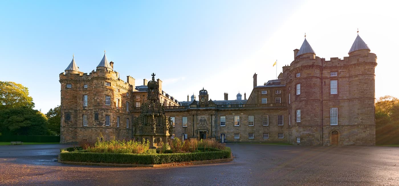 The front of the Palace of Holyroodhouse with its turreted towers