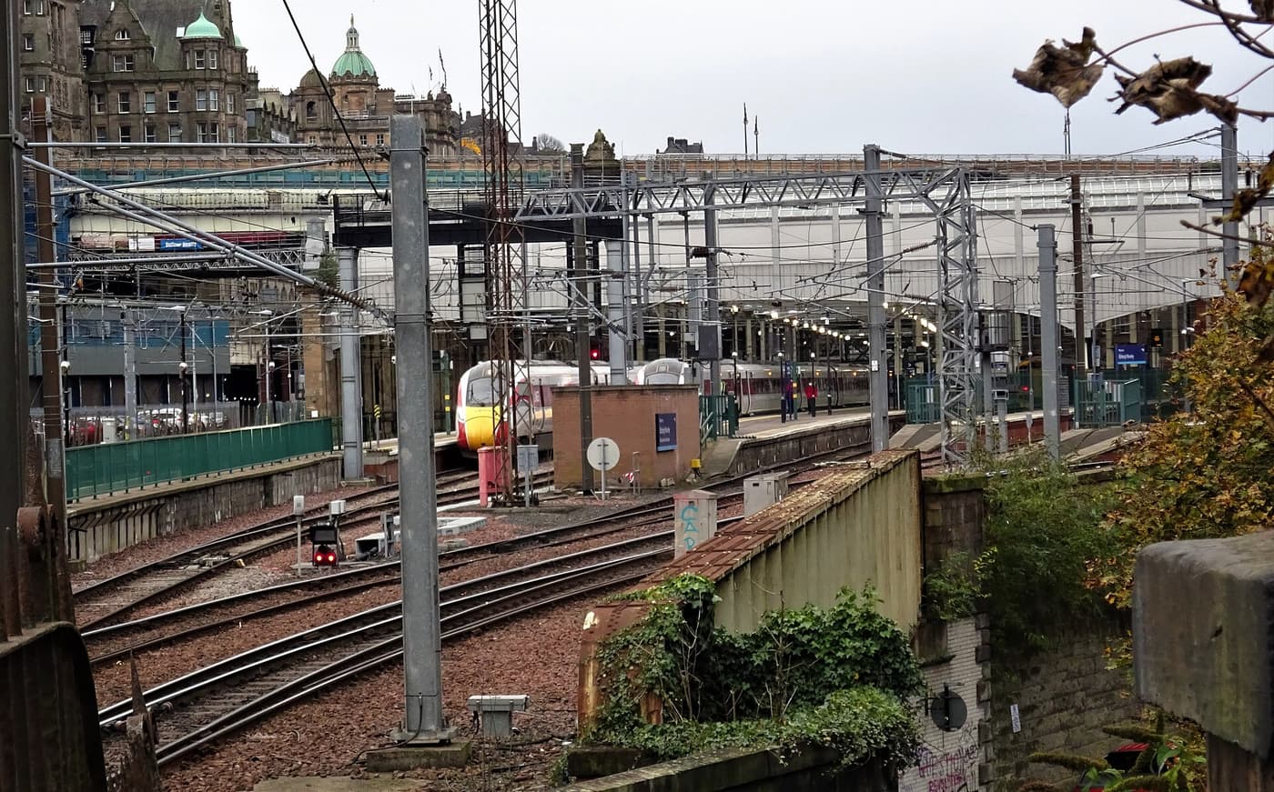 The tracks and glass roofs of Edinburgh Waverley station