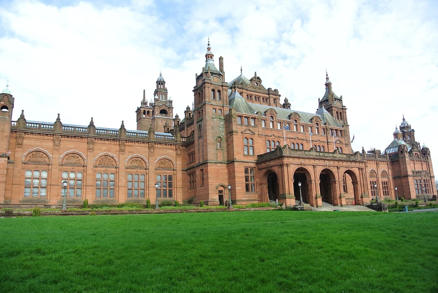 The red sandstone façade and towers of Kelvingrove Art Gallery and Museum in Glasgow