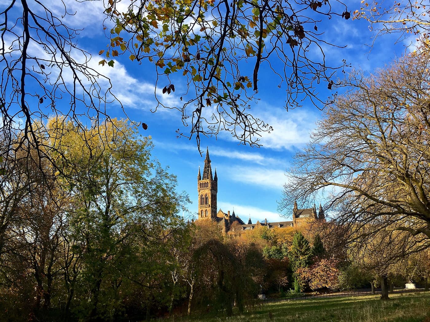 The Gothic tower of the University of Glasgow seen from Kelvingrove Park