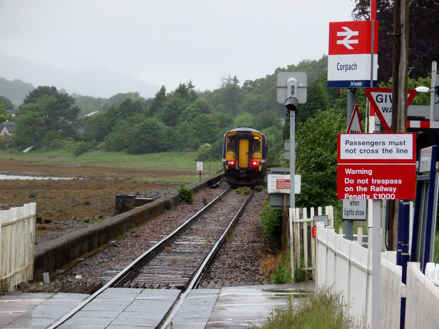 A ScotRail train arriving at Corpach station on the line to Mallaig