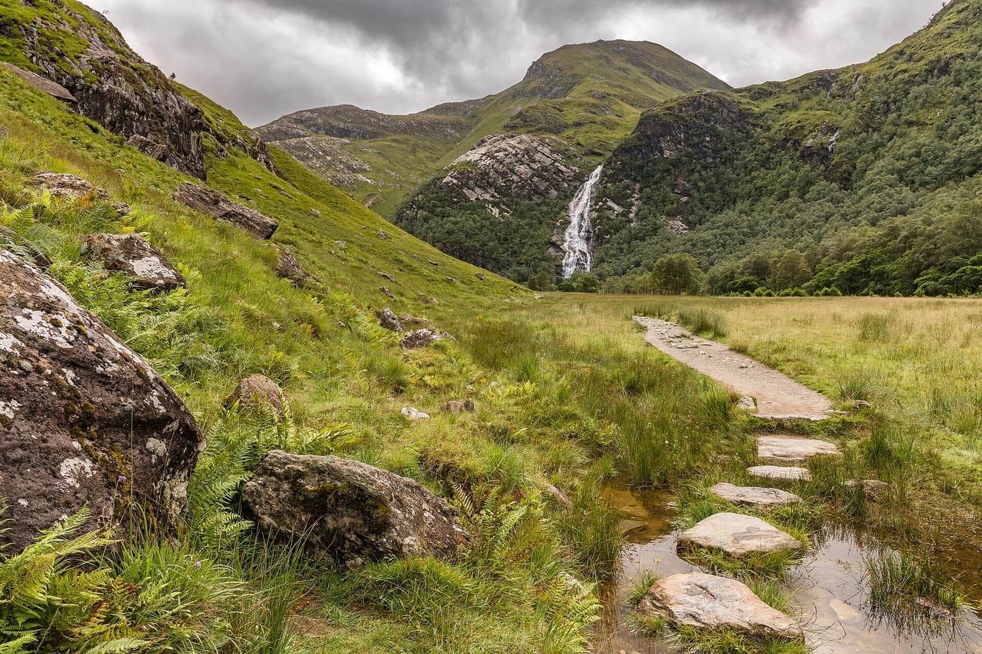 A stone path leading up Glen Nevis towards Steall Falls