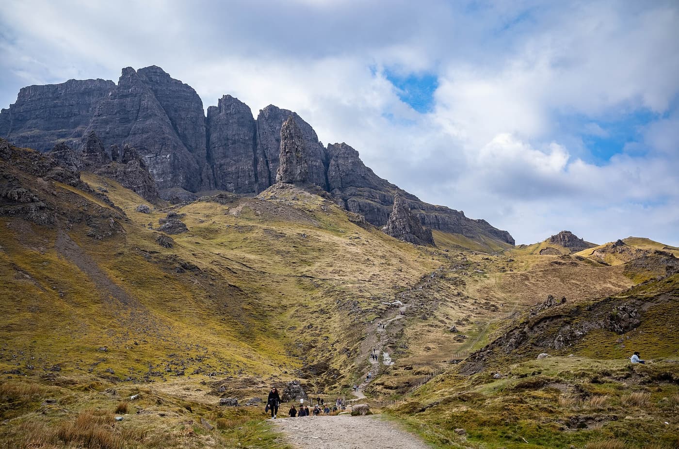 The rock pinnacles of the Old Man of Storr above the path on the Trotternish ridge