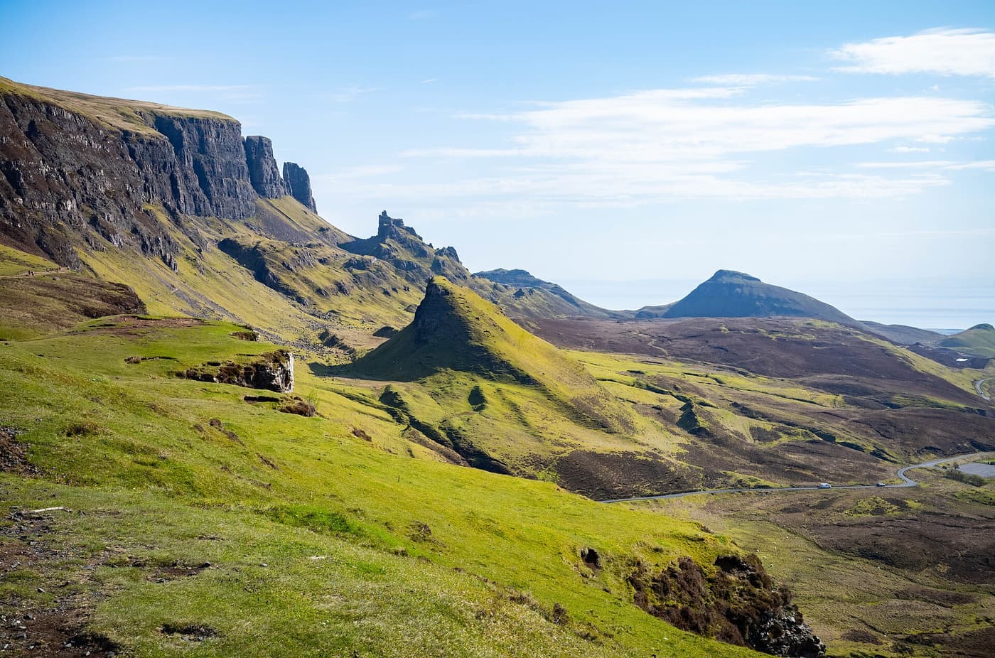 The green ridges and cliffs of the Quiraing on the Isle of Skye