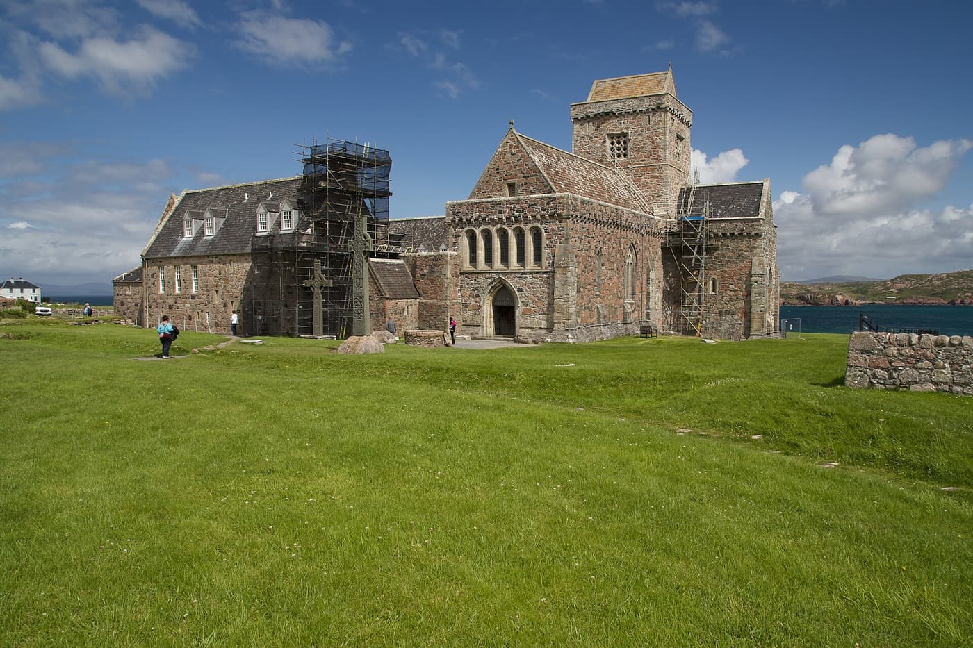 Iona Abbey on its green lawn above the sea