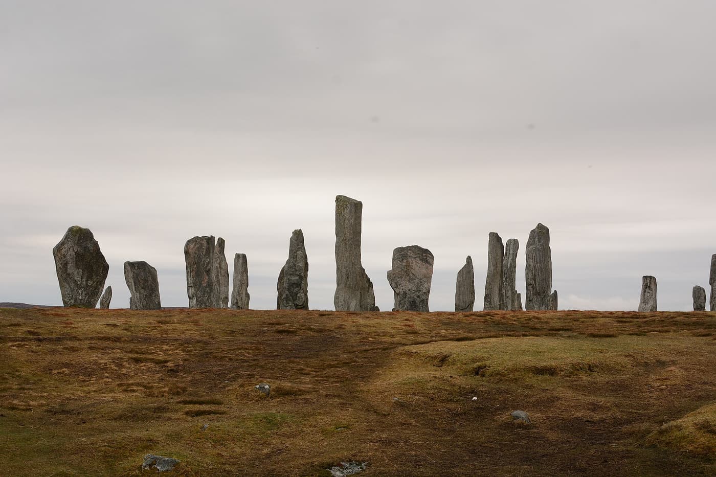 The tall grey standing stones of Calanais on a moorland ridge