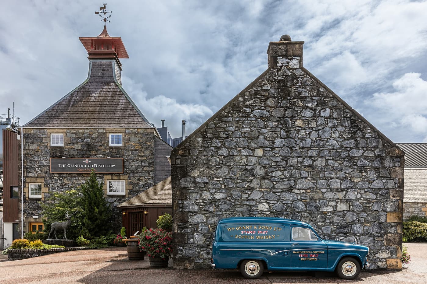 The stone buildings and pagoda roof of the Glenfiddich distillery in Dufftown